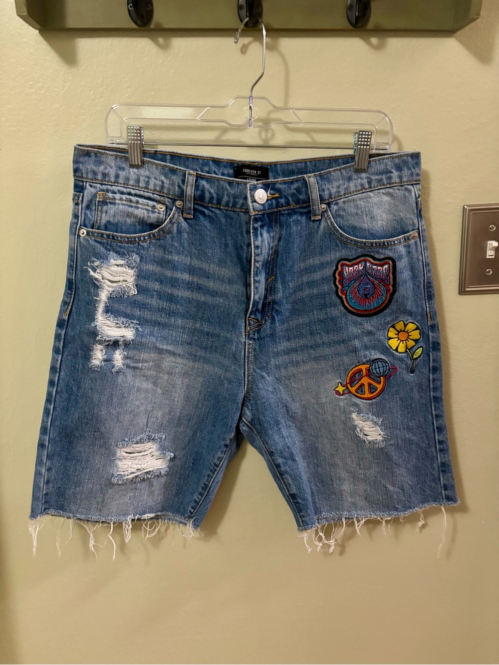 Forever 21 Light Blue Distressed Denim Shorts with Colorful Patches.